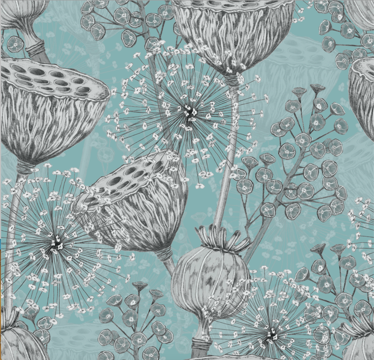 Neutral dandelion bouquets on teal background easy to install and remove peel and stick custom wallpaper available in different lengths/sizes locally created and printed in Canada. Removable, washable, durable, commercial grade, customizable and water proof.