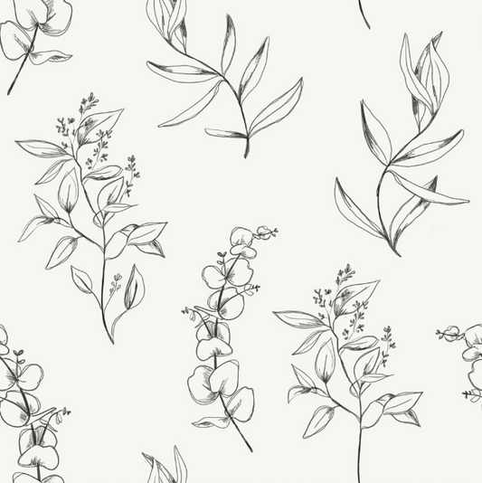 Dainty black floral print on cream background easy to install and remove peel and stick custom wallpaper available in different lengths/sizes locally created and printed in Canada wallpaper. Washable, durable, commercial grade, removable and waterproof.
