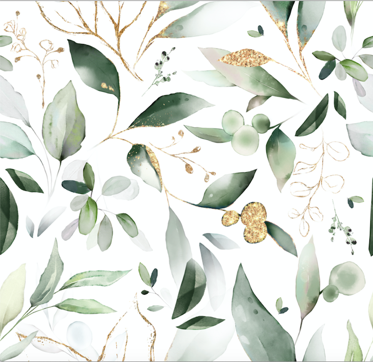 Emerald green greenery/foliage on white background easy to install and remove peel and stick custom wallpaper available in different lengths/sizes locally created and printed in Canada. Removable, washable, durable, commercial grade, customizable and water proof.