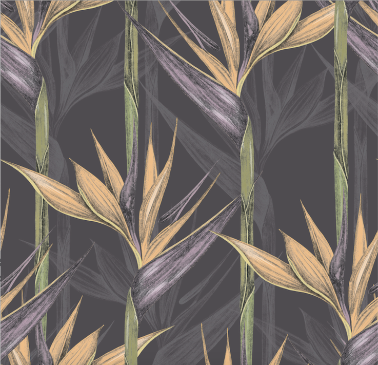 Yellow, green and charcoal grey/gray birds of paradise on black background easy to install and remove peel and stick custom wallpaper available in different lengths/sizes locally created and printed in Canada. Removable, washable, durable, commercial grade, customizable and water proof.