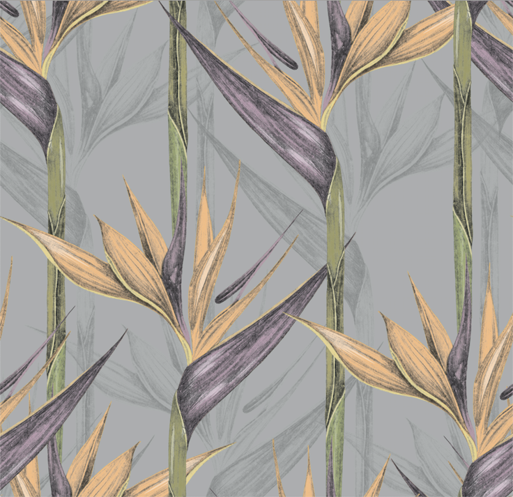 Yellow, green and charcoal grey/gray birds of paradise on light grey/gray background easy to install and remove peel and stick custom wallpaper available in different lengths/sizes locally created and printed in Canada. Removable, washable, durable, commercial grade, customizable and water proof.