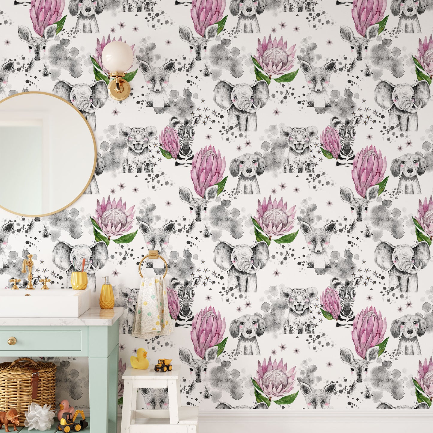 Pink flower friends cute elephant, dog, cheetah and fox animal print with pink/rose flowers on white background easy to install and remove peel and stick custom wallpaper available in different lengths/sizes locally created and printed in Canada Artichoke wallpaper. Washable, durable, commercial grade, removable and waterproof.