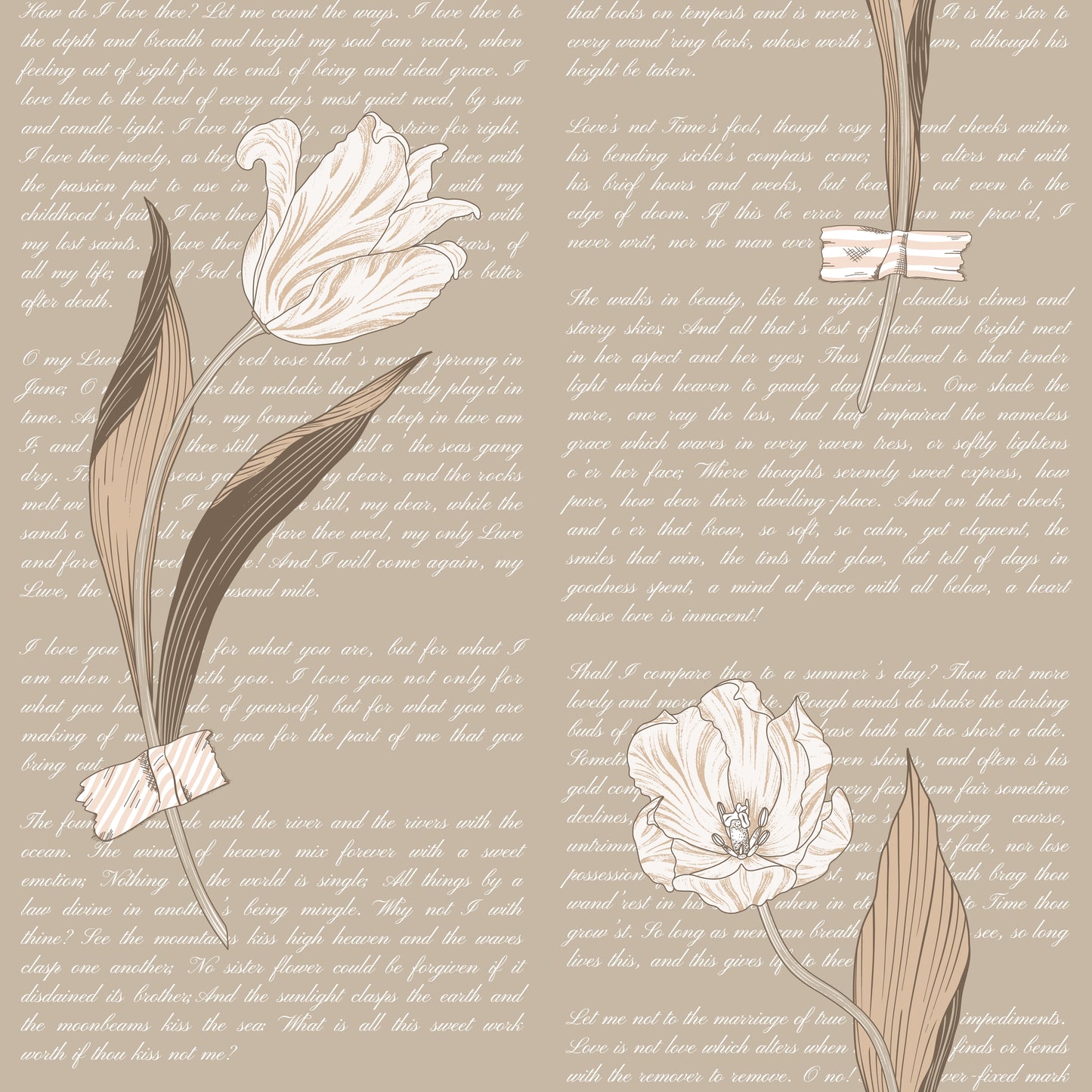 Whimsical cream and brown tulip design on script print beige background easy to install and remove peel and stick custom wallpaper available in different lengths/sizes locally created and printed in Canada wallpaper. Washable, durable, commercial grade, removable and waterproof.