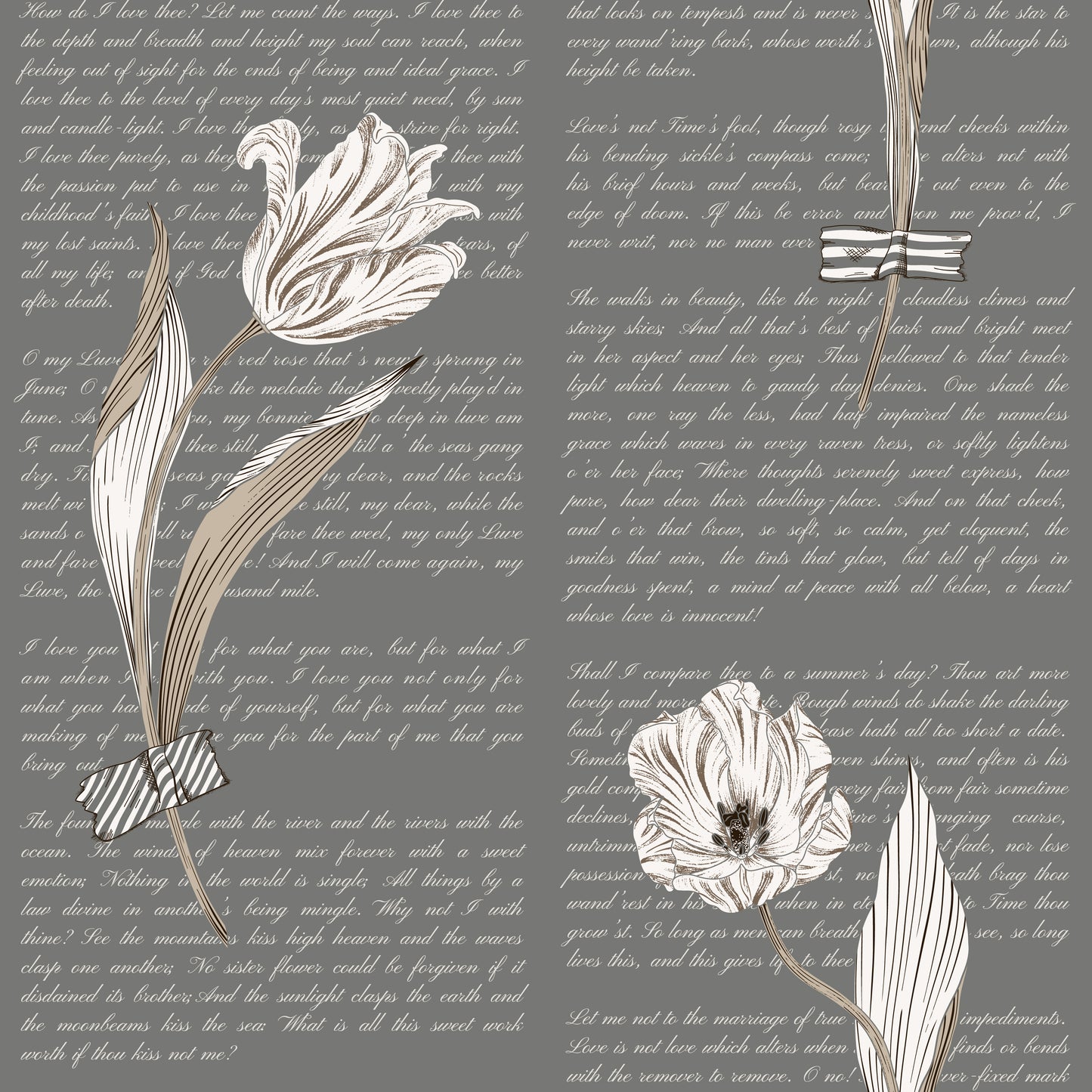 Whimsical cream tulip design on script print dark grey/gray background easy to install and remove peel and stick custom wallpaper available in different lengths/sizes locally created and printed in Canada wallpaper. Washable, durable, commercial grade, removable and waterproof.
