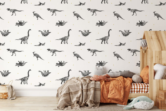 Cute whimsical black stamped wandering dinosaur print with triangle on cream background easy to install and remove peel and stick custom wallpaper available in different lengths/sizes locally created and printed in Canada wallpaper. Washable, durable, commercial grade, removable and waterproof.