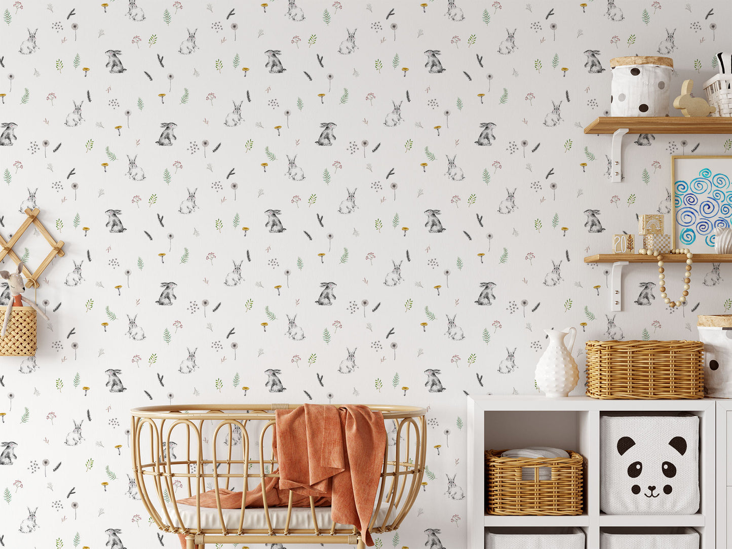 bunny/bunnies, mushroom, leaves on white background easy to install and remove peel and stick custom wallpaper available in different lengths/sizes locally created and printed in Canada. Removable, washable, durable, commercial grade, customizable and water proof.