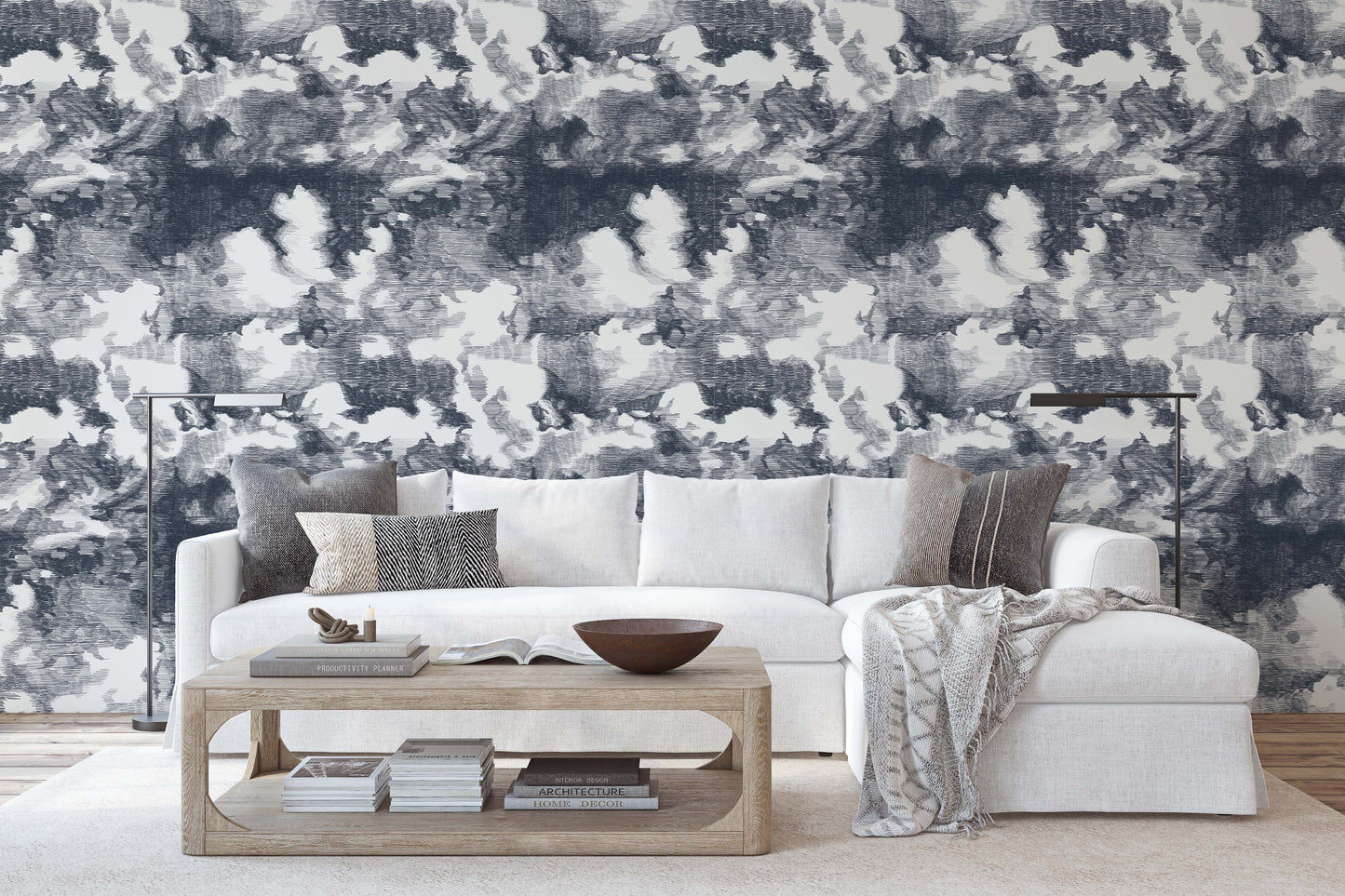 Navy blue and white puffy clouds pattern easy to install and remove peel and stick custom wallpaper available in different lengths/sizes locally created and printed in Canada Artichoke wallpaper. Washable, durable, commercial grade, removable and waterproof.