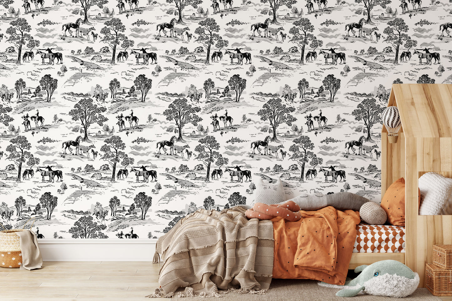 Cowboy black horses and trees on white background easy to install and remove peel and stick custom wallpaper available in different lengths/sizes locally created and printed in Canada. Removable, washable, durable, commercial grade, customizable and water proof.