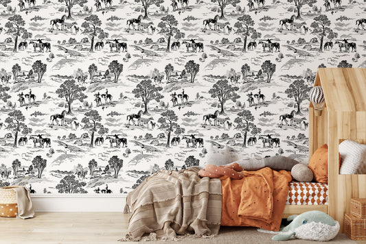 Cowboy black horses and trees on white background easy to install and remove peel and stick custom wallpaper available in different lengths/sizes locally created and printed in Canada. Removable, washable, durable, commercial grade, customizable and water proof.