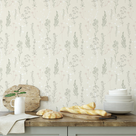 Taupe dainty flower wildflower print cream background easy to install and remove peel and stick custom wallpaper available in different lengths/sizes locally created and printed in Canada wallpaper. Washable, durable, commercial grade, removable and waterproof.