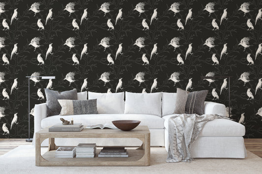 White crows and trees on black background easy to install and remove peel and stick custom wallpaper available in different lengths/sizes locally created and printed in Canada. Removable, washable, durable, commercial grade, customizable and water proof.