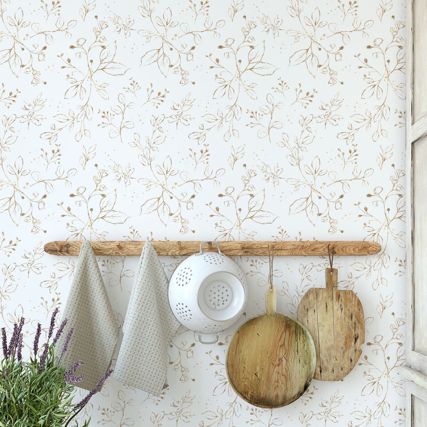 Delicate gold floral/foliage print on cream background easy to install and remove peel and stick custom wallpaper available in different lengths/sizes locally created and printed in Canada. Removable, washable, durable, commercial grade, customizable and water proof.