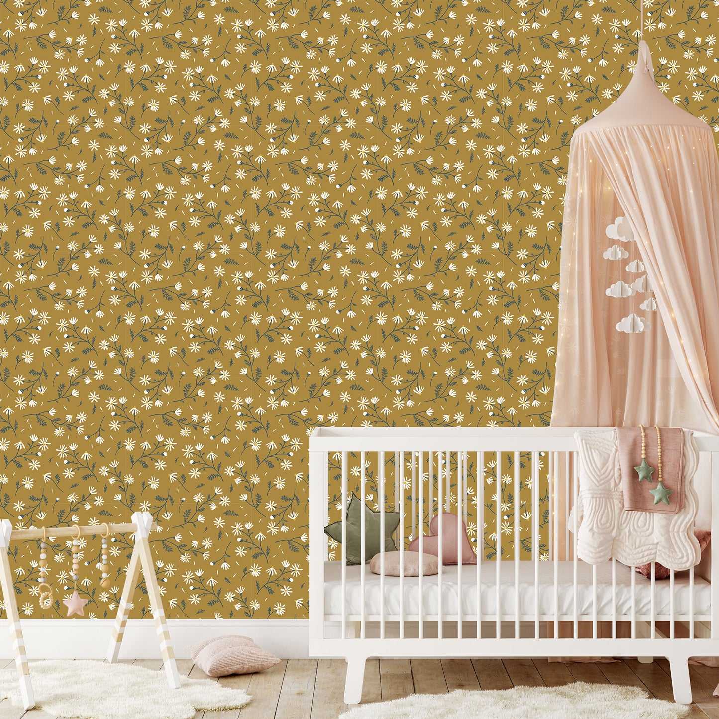 White and green on yellow/gold background easy to install and remove peel and stick custom wallpaper available in different lengths/sizes locally created and printed in Canada. Removable, washable, durable, commercial grade, customizable and water proof.