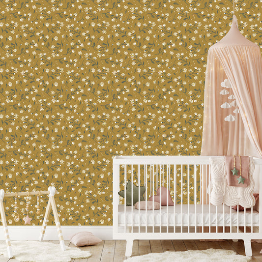 White and green on yellow/gold background easy to install and remove peel and stick custom wallpaper available in different lengths/sizes locally created and printed in Canada. Removable, washable, durable, commercial grade, customizable and water proof.