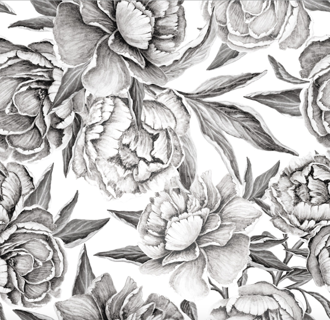 Grey/gray flowers and roses on white background easy to install and remove peel and stick custom wallpaper available in different lengths/sizes locally created and printed in Canada. Removable, washable, durable, commercial grade, customizable and water proof.