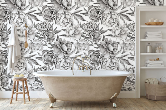 Grey/gray flowers and roses on white background easy to install and remove peel and stick custom wallpaper available in different lengths/sizes locally created and printed in Canada. Removable, washable, durable, commercial grade, customizable and water proof.
