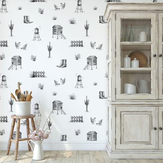 Grey/gray farmyard chicken coop water tower print on white background easy to install and remove peel and stick custom wallpaper available in different lengths/sizes locally created and printed in Canada. Removable, washable, durable, commercial grade, customizable and water proof.