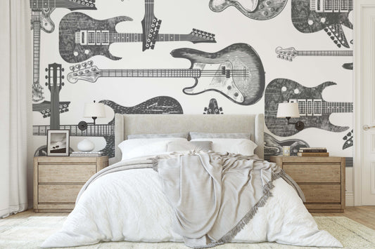 Large scale charcoal grey/gray guitar print on white background easy to install and remove peel and stick custom wallpaper available in different lengths/sizes locally created and printed in Canada Artichoke wallpaper. Washable, durable, commercial grade, removable and waterproof.