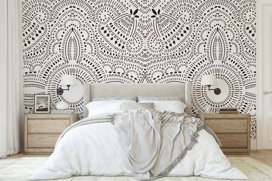 Various black henna designs on white background easy to install and remove peel and stick custom wallpaper available in different lengths/sizes locally created and printed in Canada Artichoke wallpaper. Washable, durable, commercial grade, removable and waterproof.