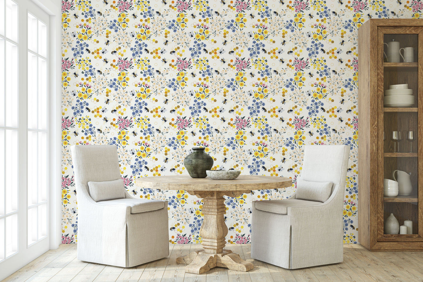 Honey Meadow floral honeycomb and honey bee pattern on white background easy to install and remove peel and stick custom wallpaper available in different lengths/sizes locally created and printed in Canada Artichoke wallpaper. Washable, durable, commercial grade, removable and waterproof.