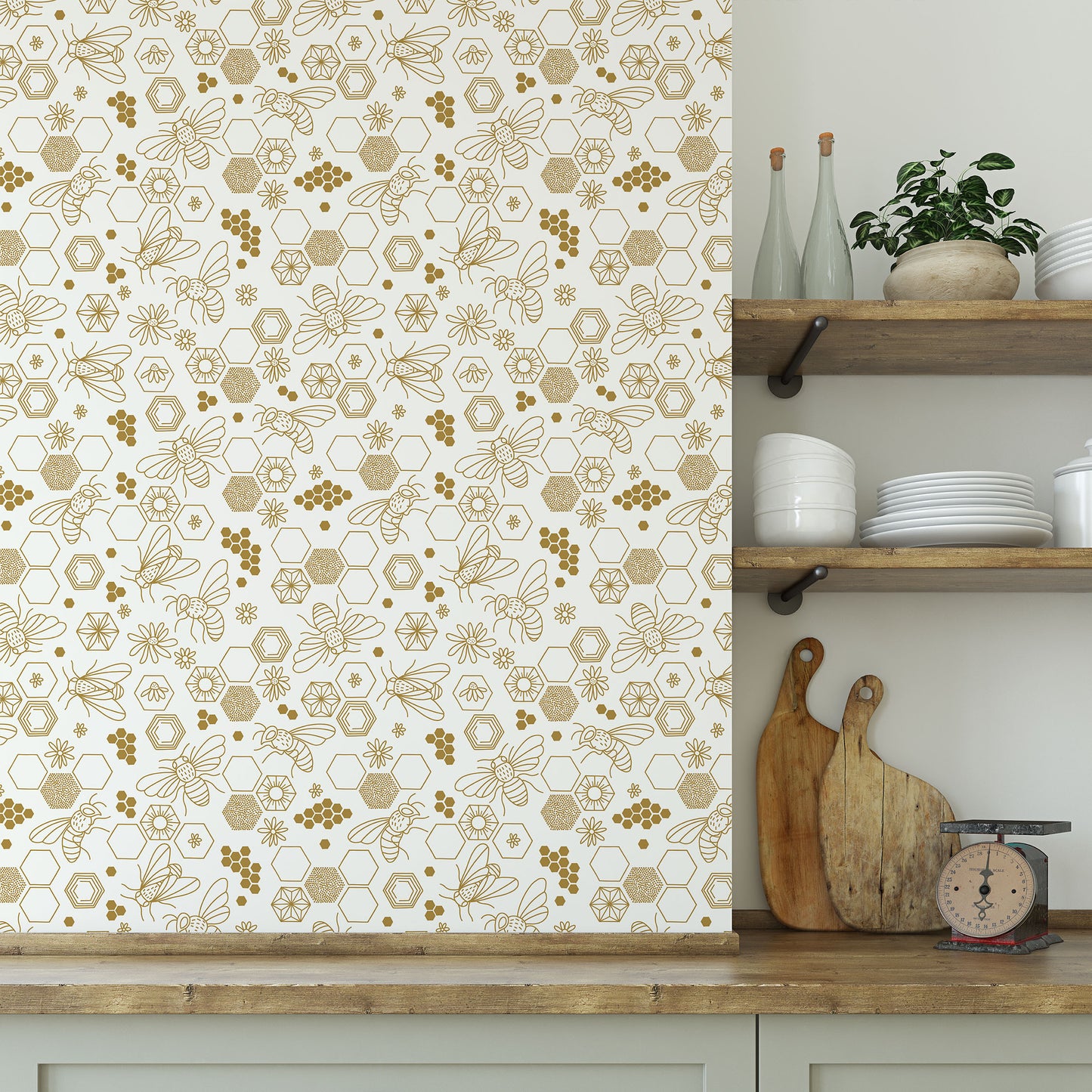 Cute honey bee and honeycomb geometric gold/yellow pattern on white background easy to install and remove peel and stick custom wallpaper available in different lengths/sizes locally created and printed in Canada Artichoke wallpaper. Washable, durable, commercial grade, removable and waterproof.