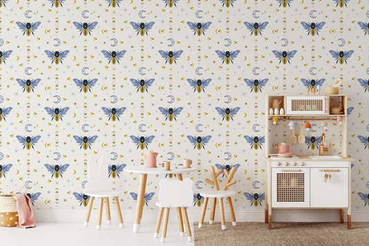 Cute Blue and yellow honeybee and crescent moon pattern on white background easy to install and remove peel and stick custom wallpaper available in different lengths/sizes locally created and printed in Canada Artichoke wallpaper. Washable, durable, commercial grade, removable and waterproof.
