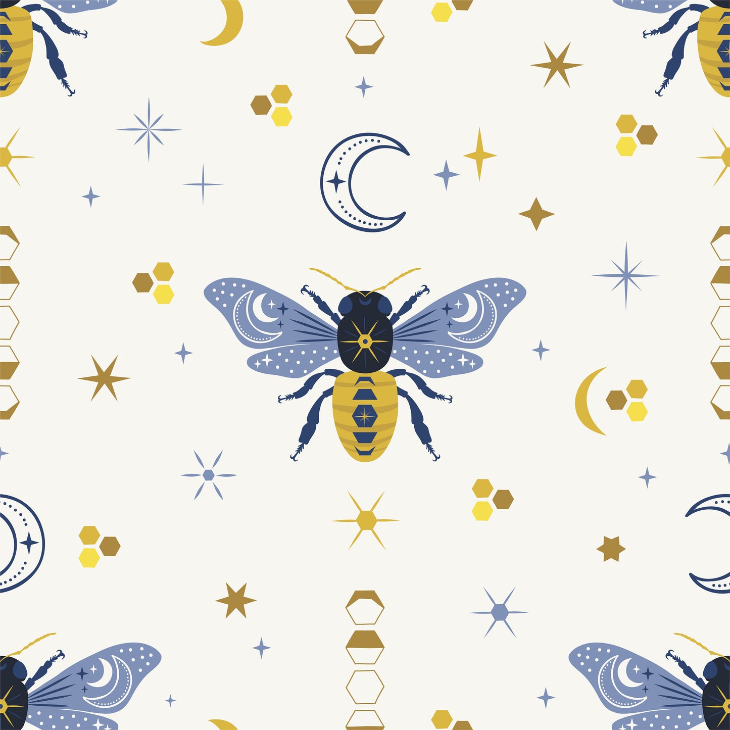 Cute Blue and yellow honeybee and crescent moon pattern on white background easy to install and remove peel and stick custom wallpaper available in different lengths/sizes locally created and printed in Canada Artichoke wallpaper. Washable, durable, commercial grade, removable and waterproof.