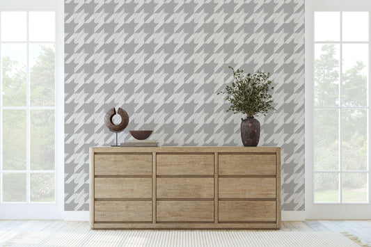 Light grey/gray and white houndstooth pattern easy to install and remove peel and stick custom wallpaper available in different lengths/sizes locally created and printed in Canada Artichoke wallpaper. Washable, durable, commercial grade, removable and waterproof.