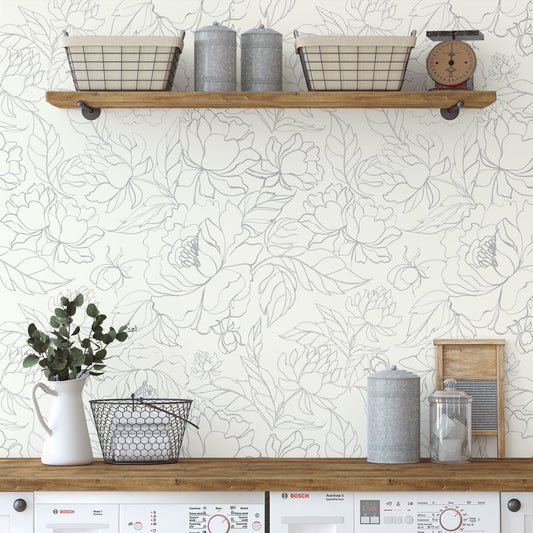 Grey/gray floral lace print on white background easy to install and remove peel and stick custom wallpaper available in different lengths/sizes locally created and printed in Canada. Removable, washable, durable, commercial grade, customizable and water proof.