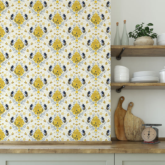 Trendy cute honey bee hives design with white background easy to install and remove peel and stick custom wallpaper available in different lengths/sizes locally created and printed in Canada Artichoke wallpaper. Washable, durable, commercial grade, removable and waterproof.