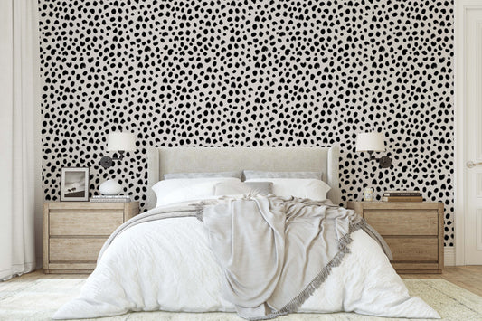 Black cheetah spot print on white background easy to install and remove peel and stick custom wallpaper available in different lengths/sizes locally created and printed in Canada Artichoke wallpaper. Washable, durable, commercial grade, removable and waterproof.