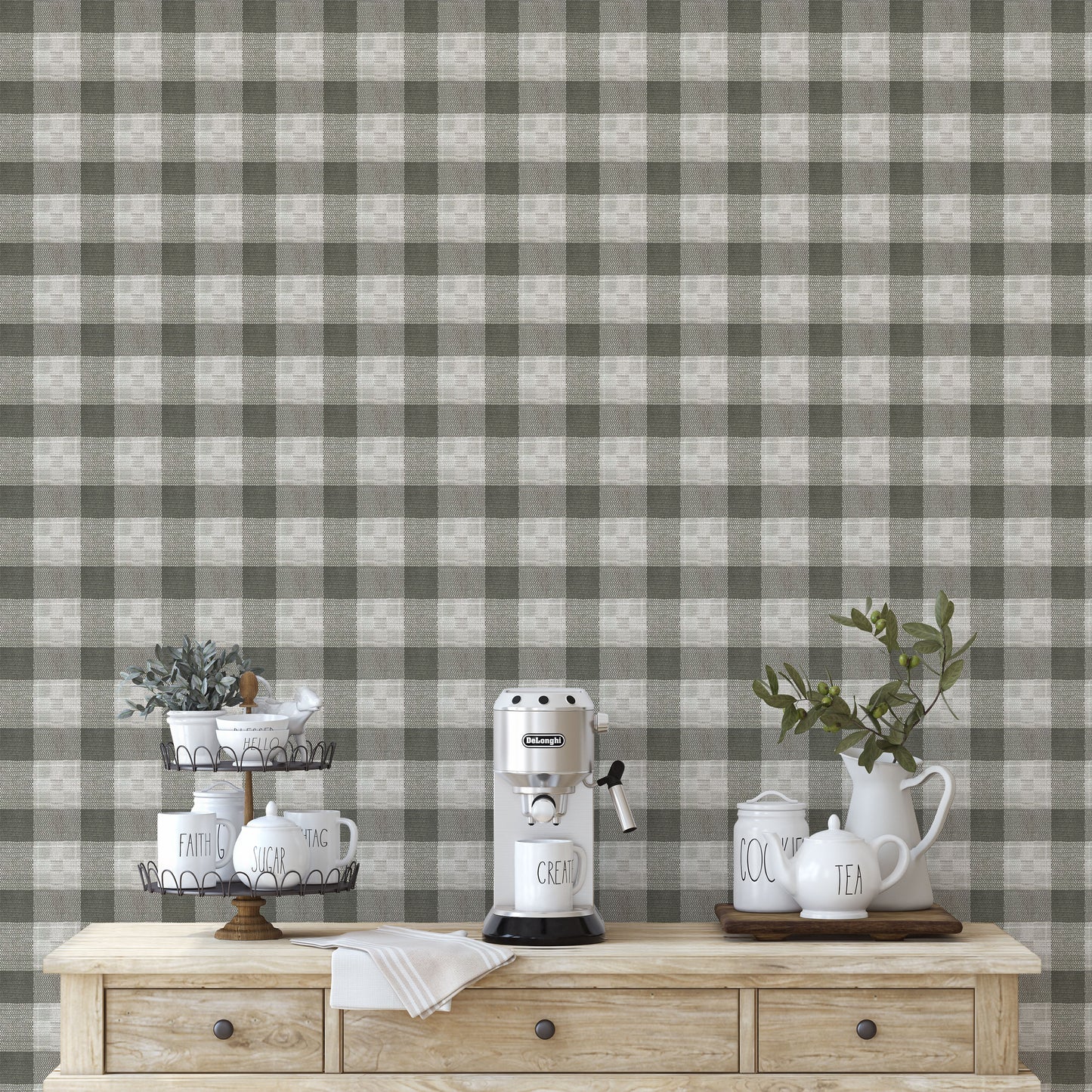 Medium print green and cream woven plaid pattern easy to install and remove peel and stick custom wallpaper available in different lengths/sizes locally created and printed in Canada. Removable, washable, durable, commercial grade, customizable and water proof.