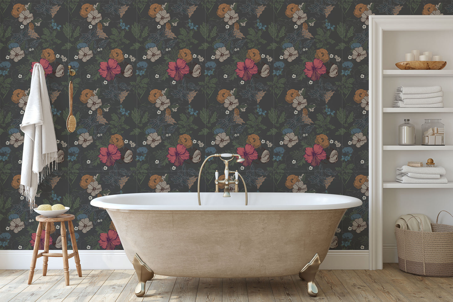 Pink/rose, blue, green and taupe floral pattern on teal background easy to install and remove peel and stick custom wallpaper available in different lengths/sizes locally created and printed in Canada Artichoke wallpaper. Washable, durable, commercial grade, removable and waterproof.