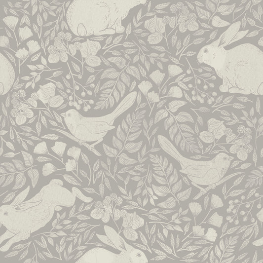 Cream bunny/rabbit and bird pattern on light grey/gray background easy to install and remove peel and stick custom wallpaper available in different lengths/sizes locally created and printed in Canada Artichoke wallpaper. Washable, durable, commercial grade, removable and waterproof.