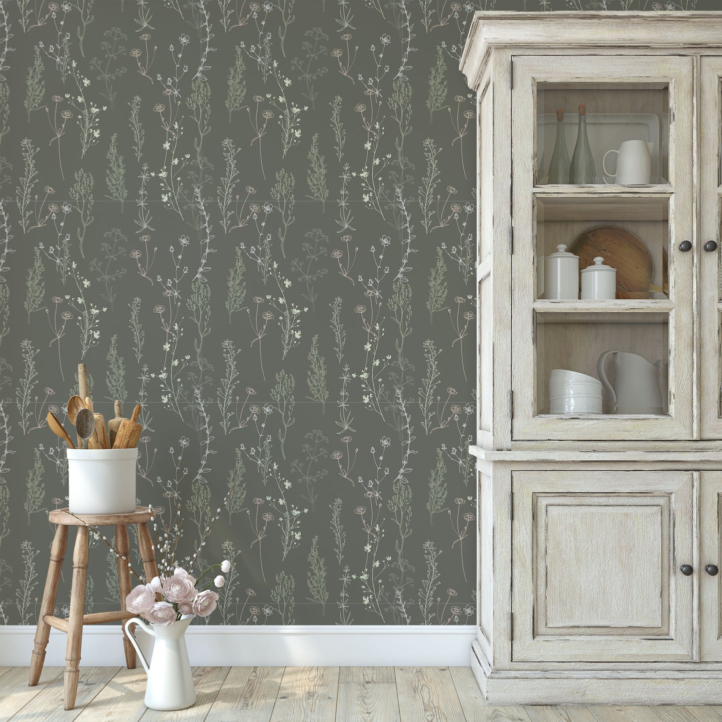Cream foliage baby's breath plant pattern on green background easy to install and remove peel and stick custom wallpaper available in different lengths/sizes locally created and printed in Canada Artichoke wallpaper. Washable, durable, commercial grade, removable and waterproof.
