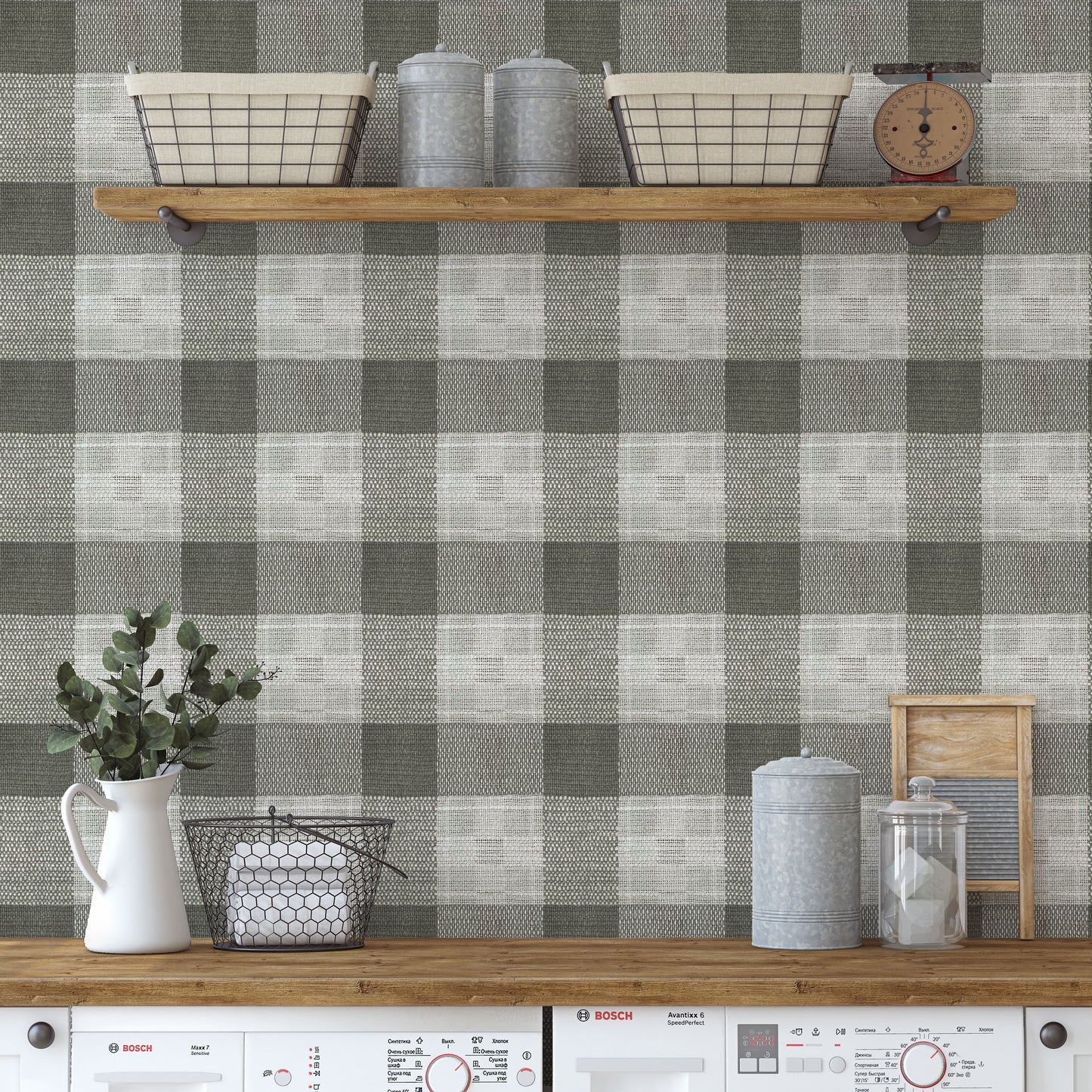 Large print green and cream woven plaid pattern easy to install and remove peel and stick custom wallpaper available in different lengths/sizes locally created and printed in Canada. Removable, washable, durable, commercial grade, customizable and water proof.