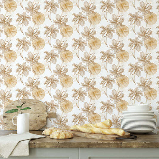 Elegant yellow/gold poppy on white background easy to install and remove peel and stick custom wallpaper available in different lengths/sizes locally created and printed in Canada. Removable, washable, durable, commercial grade, customizable and water proof.