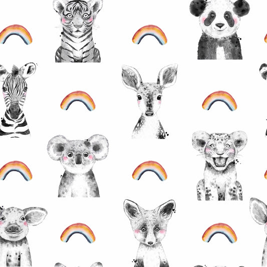 Sponge print charcoal grey/gray panda, fox, koala, piglet and little rainbow print on white background easy to install and remove peel and stick custom wallpaper available in different lengths/sizes locally created and printed in Canada Artichoke wallpaper. Washable, durable, commercial grade, removable and waterproof.