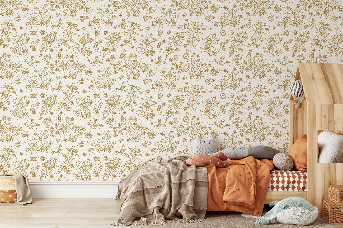Golden/yellow retro daisy floral design on cream background easy to install and remove peel and stick custom wallpaper available in different lengths/sizes locally created and printed in Canada Artichoke wallpaper. Washable, durable, commercial grade, removable and waterproof.