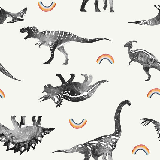 Sponge print charcoal grey/gray dino's dinosaur and little rainbow print on white background easy to install and remove peel and stick custom wallpaper available in different lengths/sizes locally created and printed in Canada Artichoke wallpaper. Washable, durable, commercial grade, removable and waterproof.