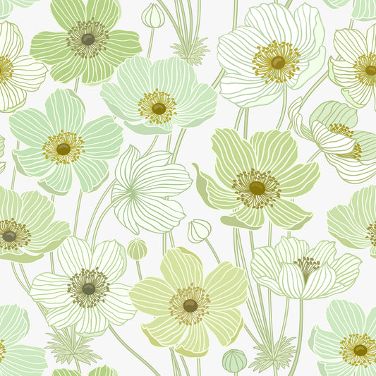 Light yellow and mint green dainty floral design on white background easy to install and remove peel and stick custom wallpaper available in different lengths/sizes locally created and printed in Canada Artichoke wallpaper. Washable, durable, commercial grade, removable and waterproof.