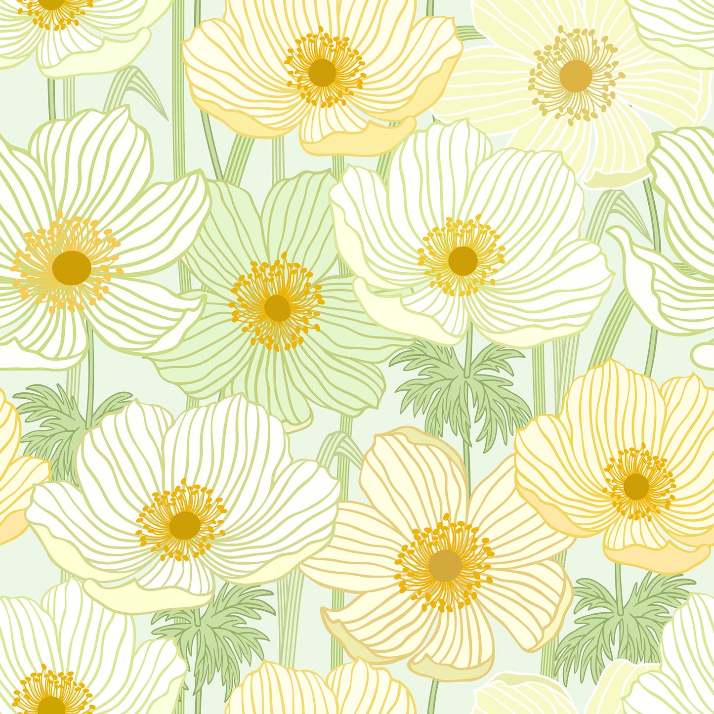 Summer meadow yellow/green poppy floral print cream background easy to install and remove peel and stick custom wallpaper available in different lengths/sizes locally created and printed in Canada wallpaper. Washable, durable, commercial grade, removable and waterproof.