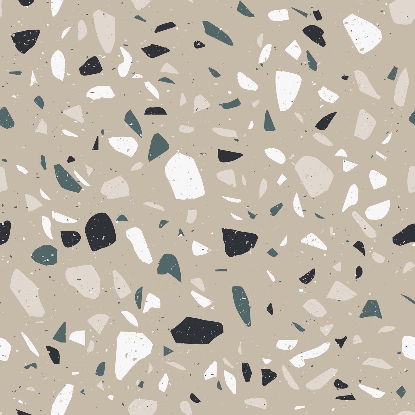 Trendy green, white and dark teal terrazzo medium print on taupe background easy to install and remove peel and stick custom wallpaper available in different lengths/sizes locally created and printed in Canada wallpaper. Washable, durable, commercial grade, removable and waterproof.
