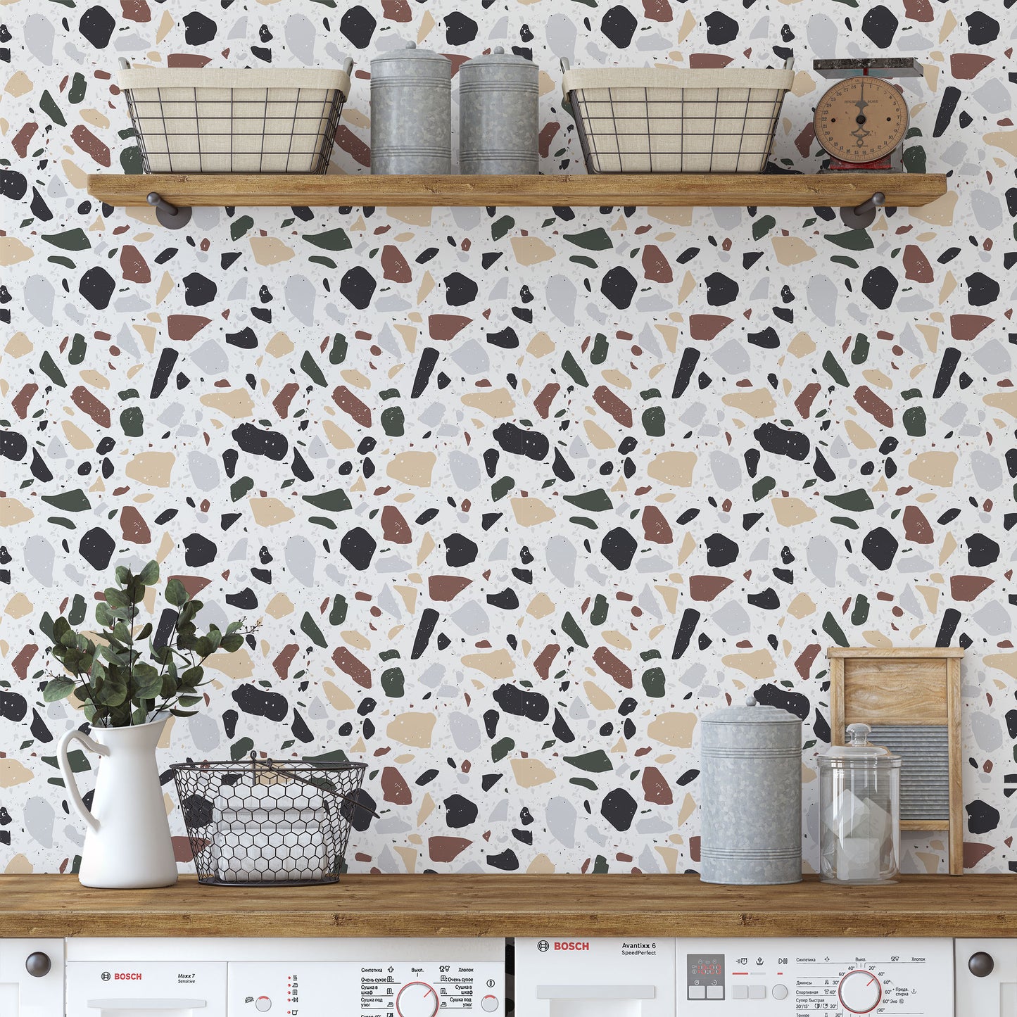 Brown, cream & teal terrazzo large print on cream background easy to install and remove peel and stick custom wallpaper available in different lengths/sizes locally created and printed in Canada wallpaper. Washable, durable, commercial grade, removable and waterproof.