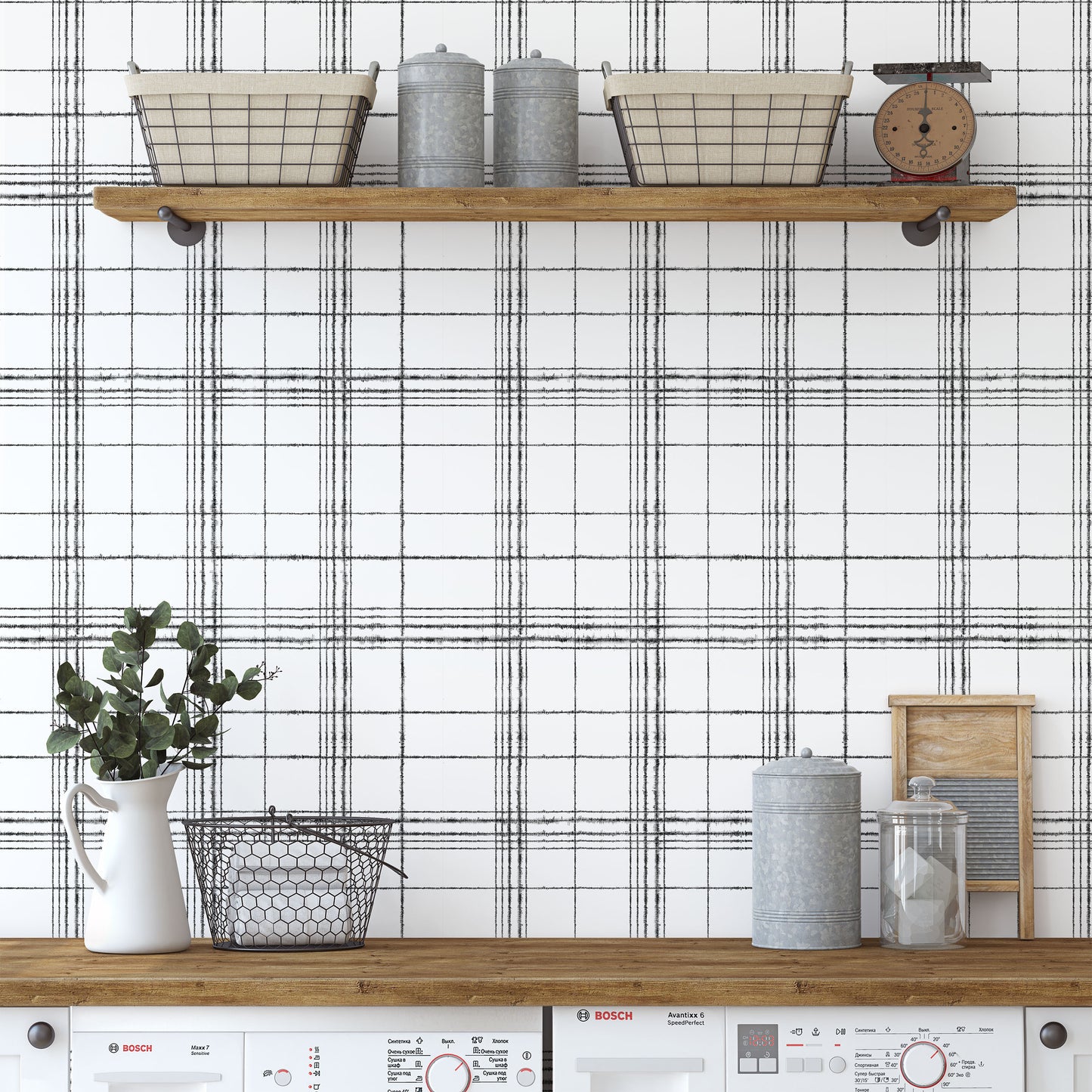 Trendy textured black plaid print on white background easy to install and remove peel and stick custom wallpaper available in different lengths/sizes locally created and printed in Canada wallpaper. Washable, durable, commercial grade, removable and waterproof.