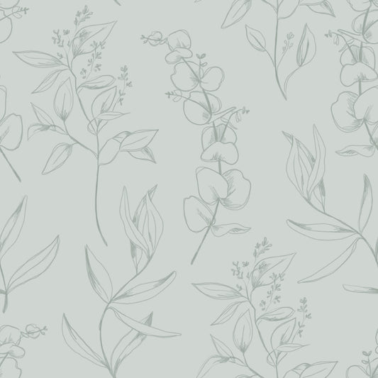 Dainty light grey/gray/green floral print on white background easy to install and remove peel and stick custom wallpaper available in different lengths/sizes locally created and printed in Canada wallpaper. Washable, durable, commercial grade, removable and waterproof.
