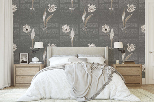 Whimsical cream tulip design on script print dark grey/gray background easy to install and remove peel and stick custom wallpaper available in different lengths/sizes locally created and printed in Canada wallpaper. Washable, durable, commercial grade, removable and waterproof.