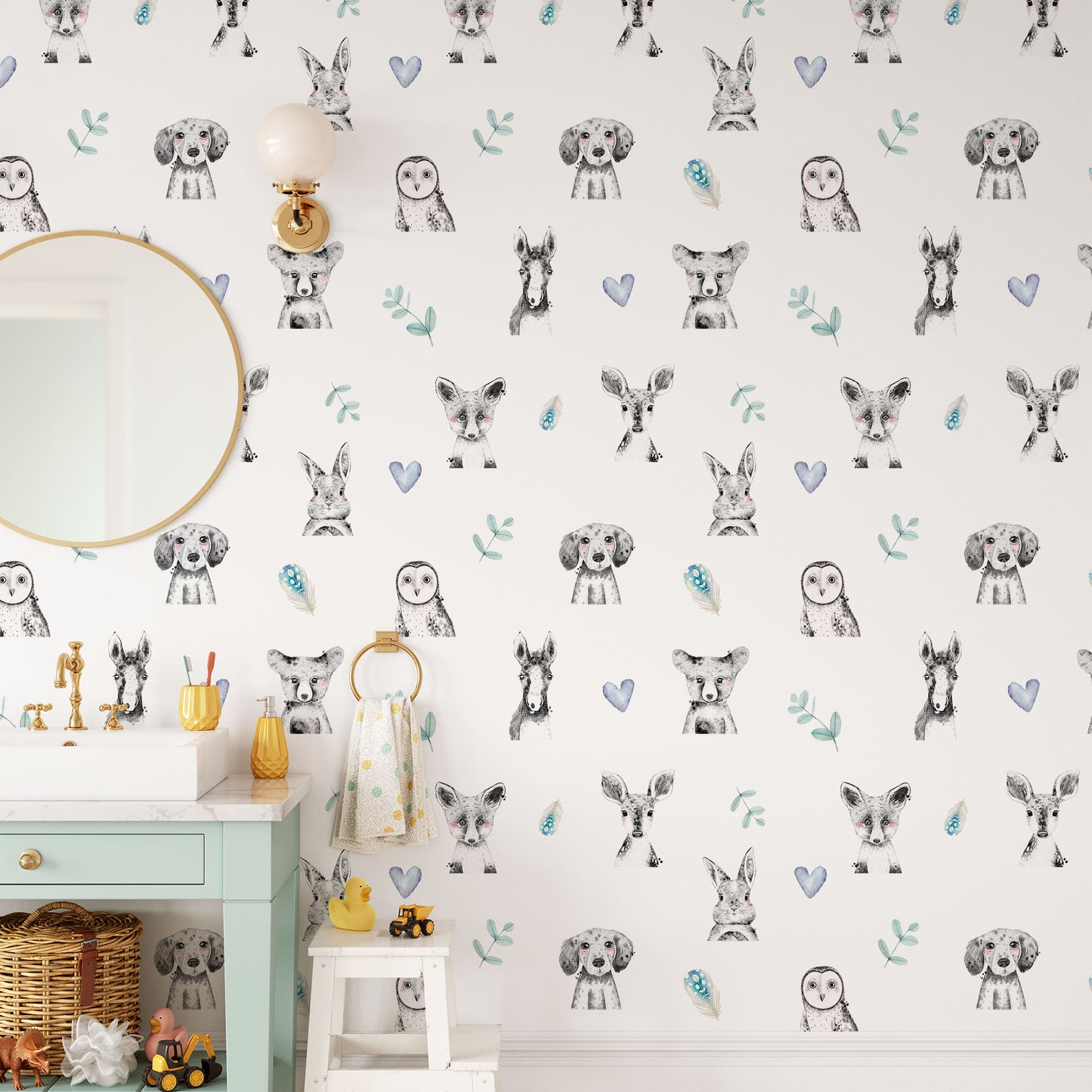 Turquoise friends owl, dog, fox, bunny and horse hand drawn design with turquoise accents on background easy to install and remove peel and stick custom wallpaper available in different lengths/sizes locally created and printed in Canada wallpaper. Washable, durable, commercial grade, removable and waterproof.