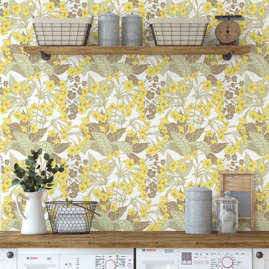 Whimsical yellow and brown vintage primrose floral pattern on cream background easy to install and remove peel and stick custom wallpaper available in different lengths/sizes locally created and printed in Canada wallpaper. Washable, durable, commercial grade, removable and waterproof.