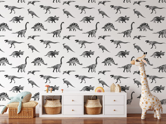 Whimsical stamped black wandering dinosaur print on white background easy to install and remove peel and stick custom wallpaper available in different lengths/sizes locally created and printed in Canada wallpaper. Washable, durable, commercial grade, removable and waterproof.